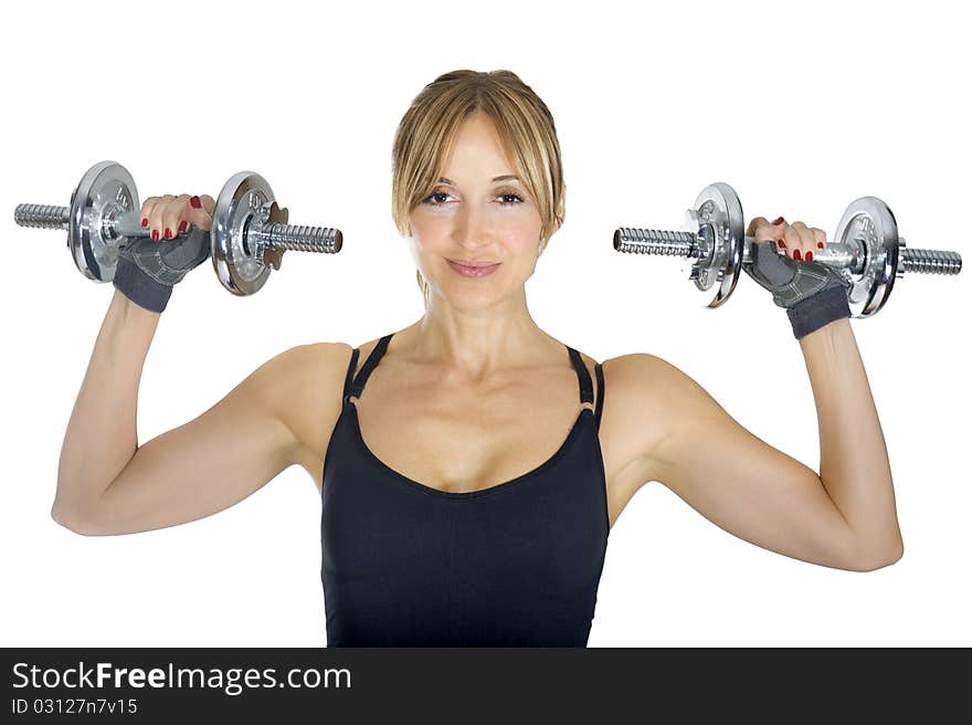 Girl working out towards white background