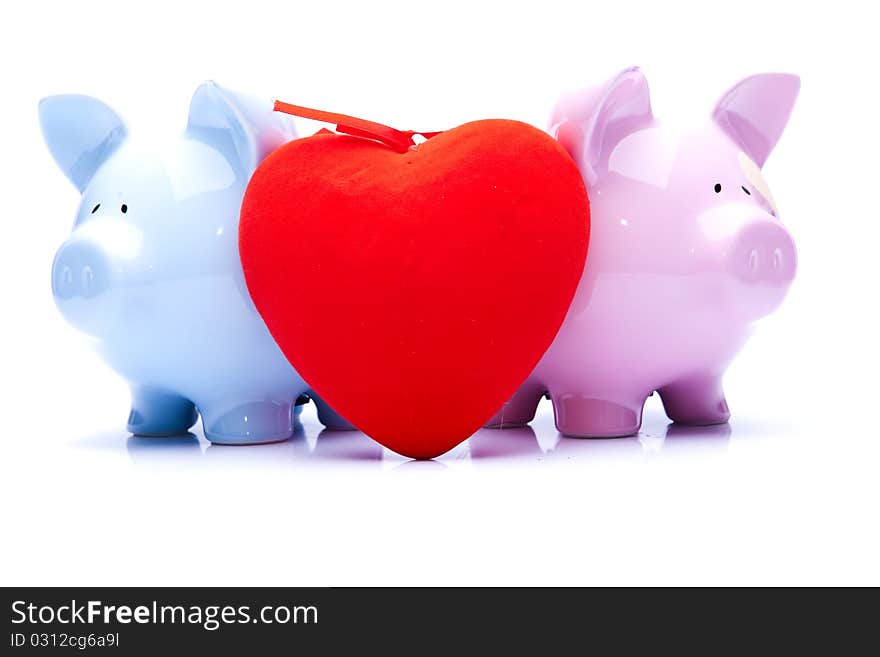 Pink and blue piggy bank wedding economy concept