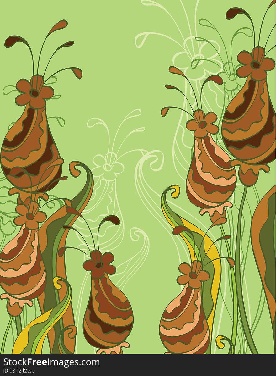 Green floral pattern with autumn flowers