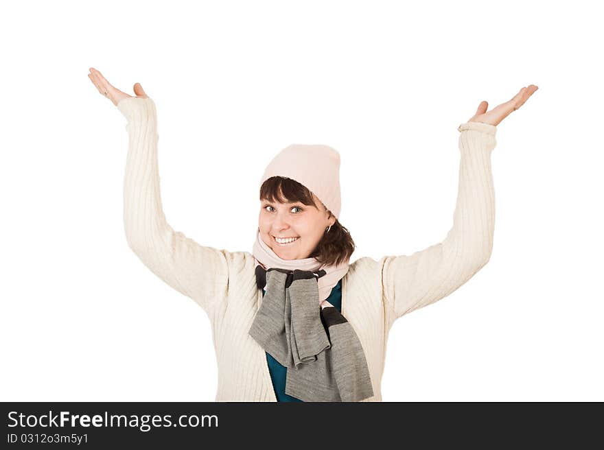 In the photo beautiful young girl on a white background