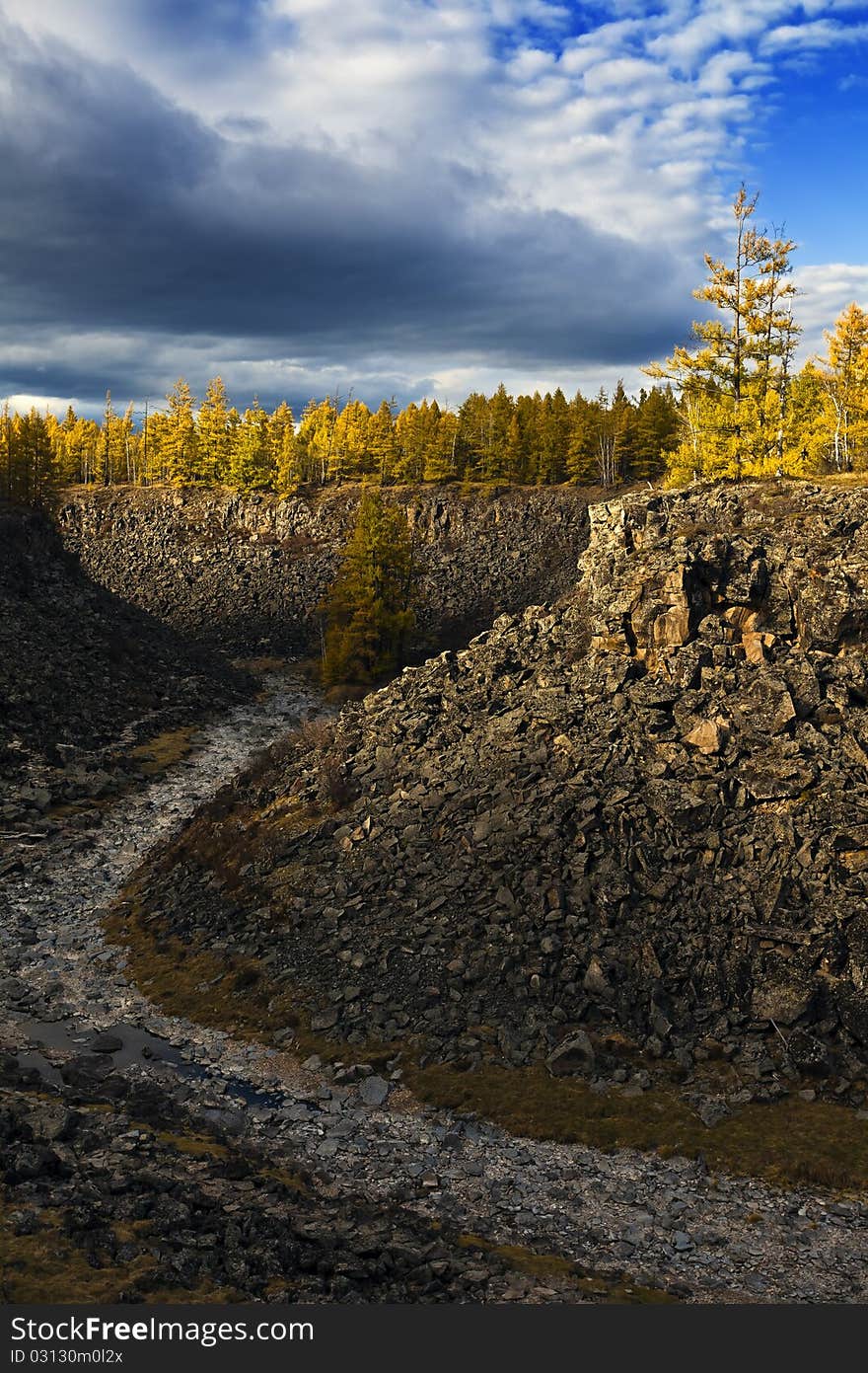 A autumn forest landscape with a moat. A autumn forest landscape with a moat.