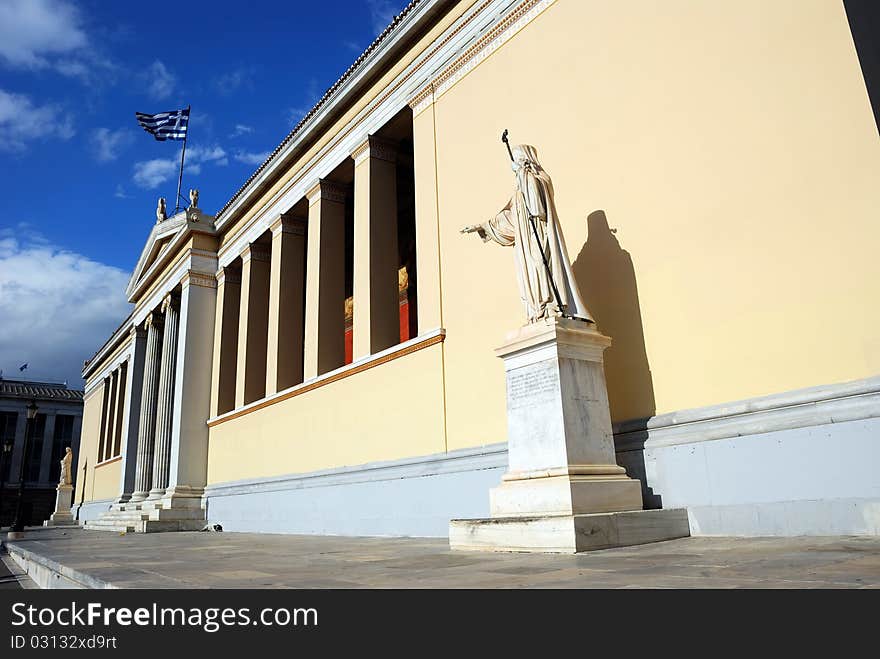 The main building of The University of Athens (which is presently also known as The National and Kapodistirian University of Athens). The building is located between the Akadimias street and Panepistimiou street. The main building of The University of Athens (which is presently also known as The National and Kapodistirian University of Athens). The building is located between the Akadimias street and Panepistimiou street.