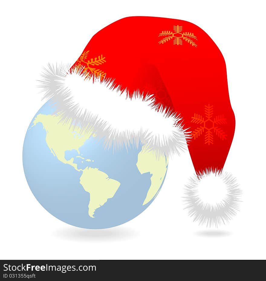 Santa cap over earth globe illustration