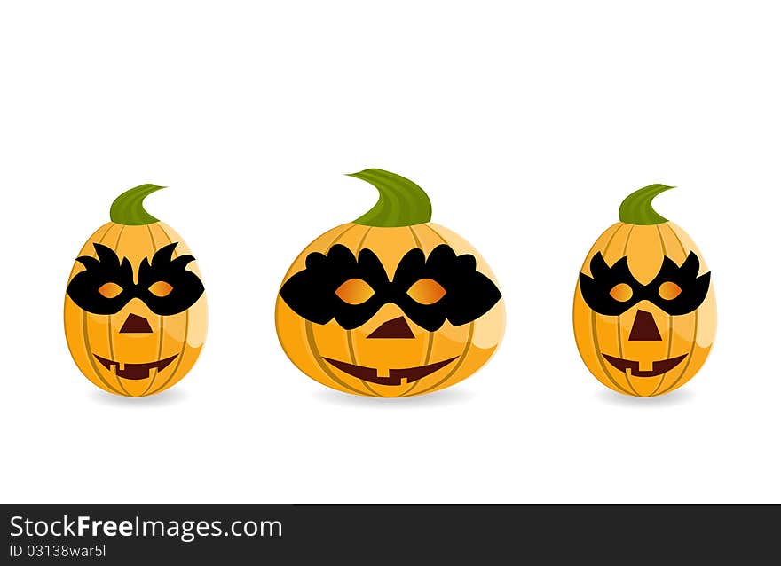 Halloween gang of pumpkins dressed in masks are isolated on white background - vector