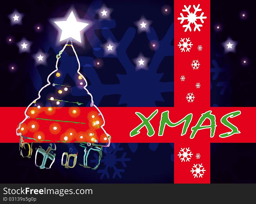 Christmas background showing stars and christmas tree