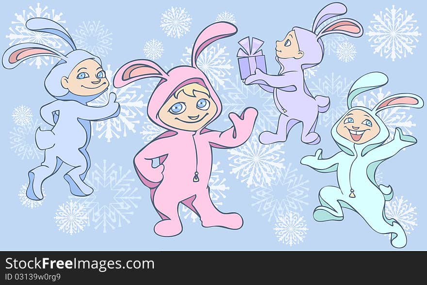 New Year illustration of four rabbits with snowflakes on the background. New Year illustration of four rabbits with snowflakes on the background