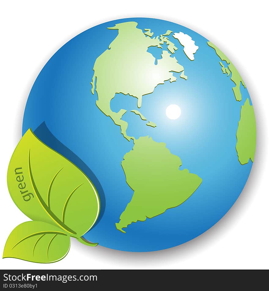 Illustration, green plant on abstract blue globe. Illustration, green plant on abstract blue globe