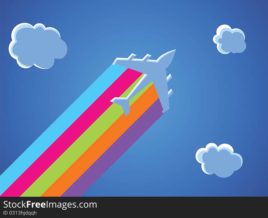 Illustration of cartoon airplane with the rainbow.