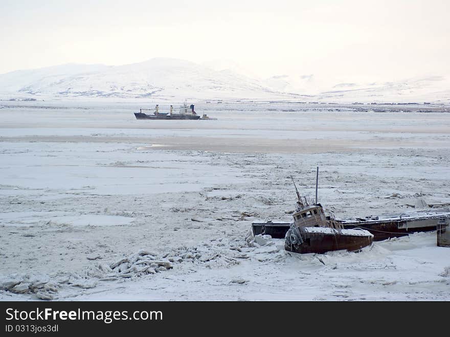 Wessel is sailing through the drift ice in arctic sea. Wessel is sailing through the drift ice in arctic sea