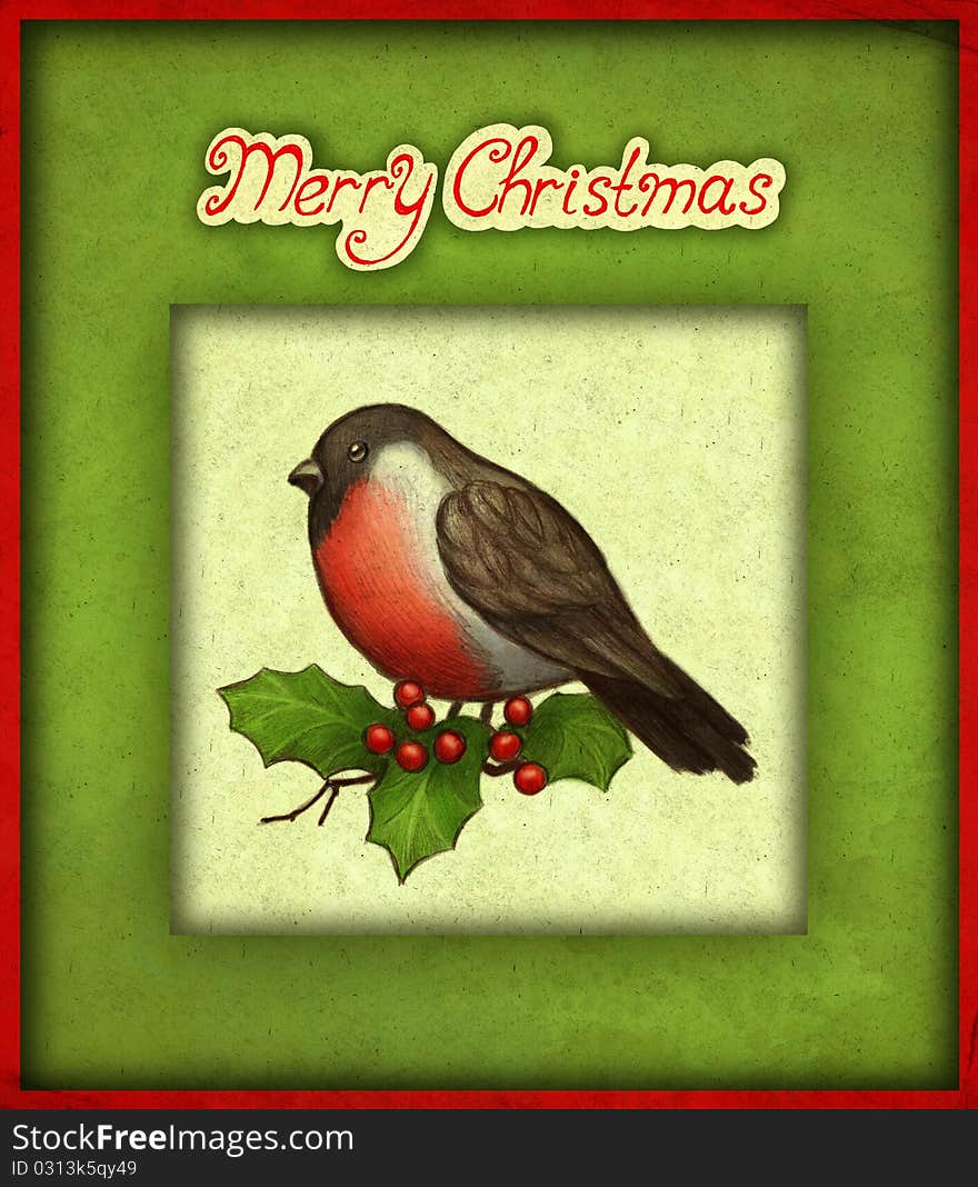 Christmas greeting card with illustration of bullfinch