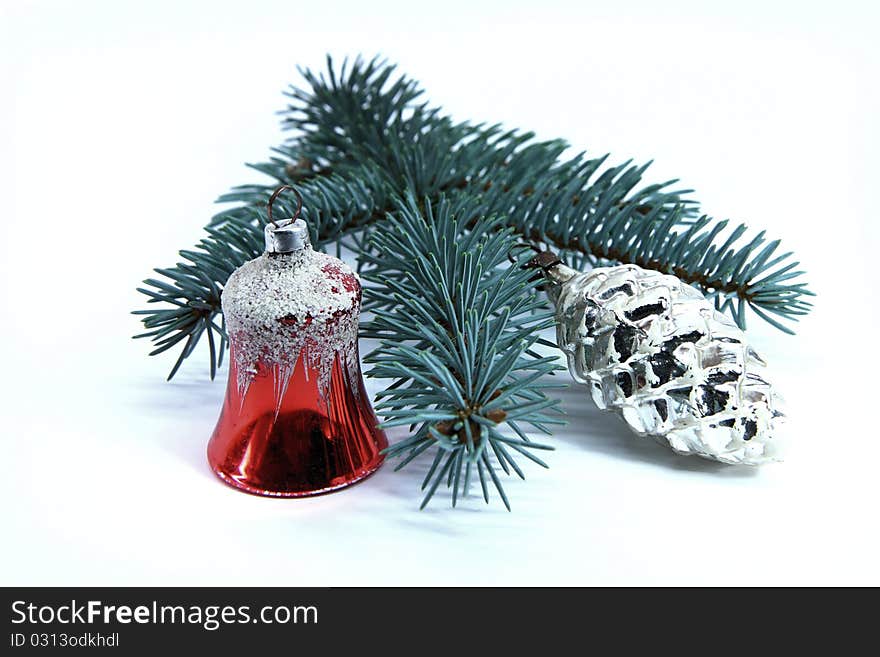 Christmas bell and another christmas ornament on white background. Christmas bell and another christmas ornament on white background