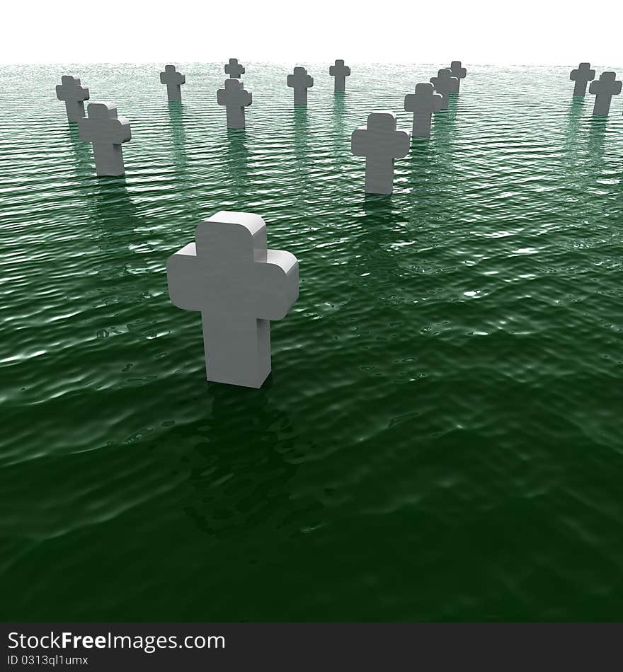 Cemetery white crosses flooded green water. Cemetery white crosses flooded green water