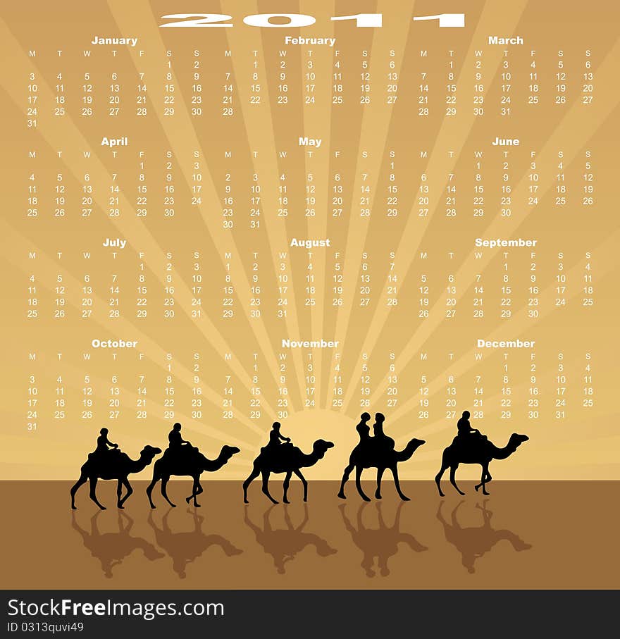 European calendar 2011, starting from Mondays. Caravan of camels in deserts - vector