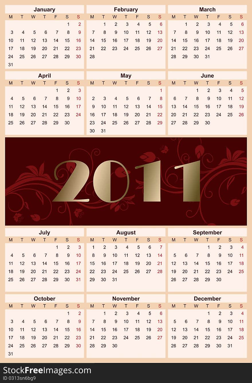 Illustration European floral calendar 2011, starting from Mondays - vector