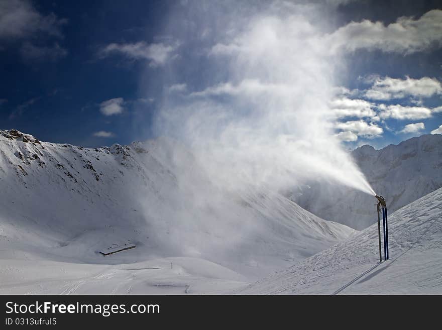 Cannon for man-made snow working. Cannon for man-made snow working