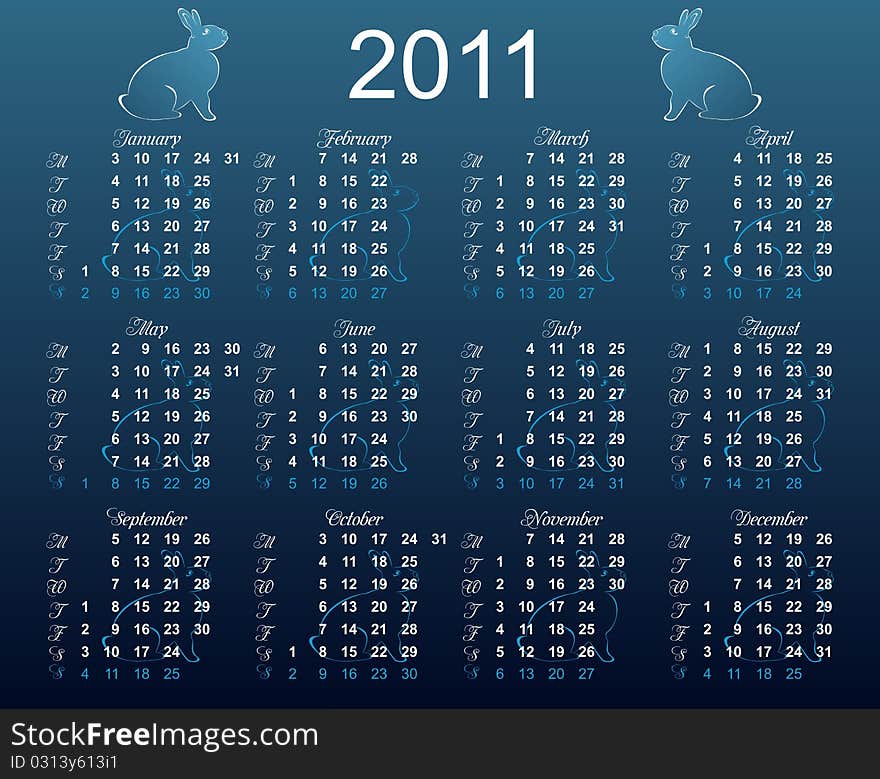 European calendar 2011, starting from Mondays - vector