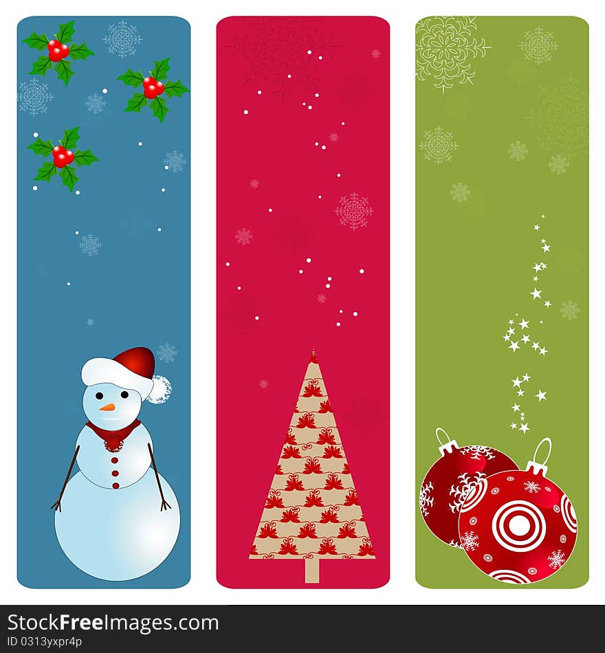 Three decorative christmas background with baubles, christmas tree and snowman, illustration