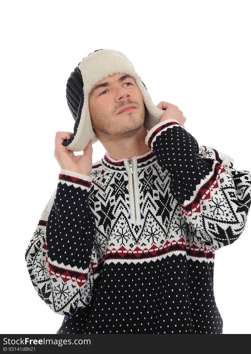 Funny Winter Man In Warm Hat And Clothes Listening