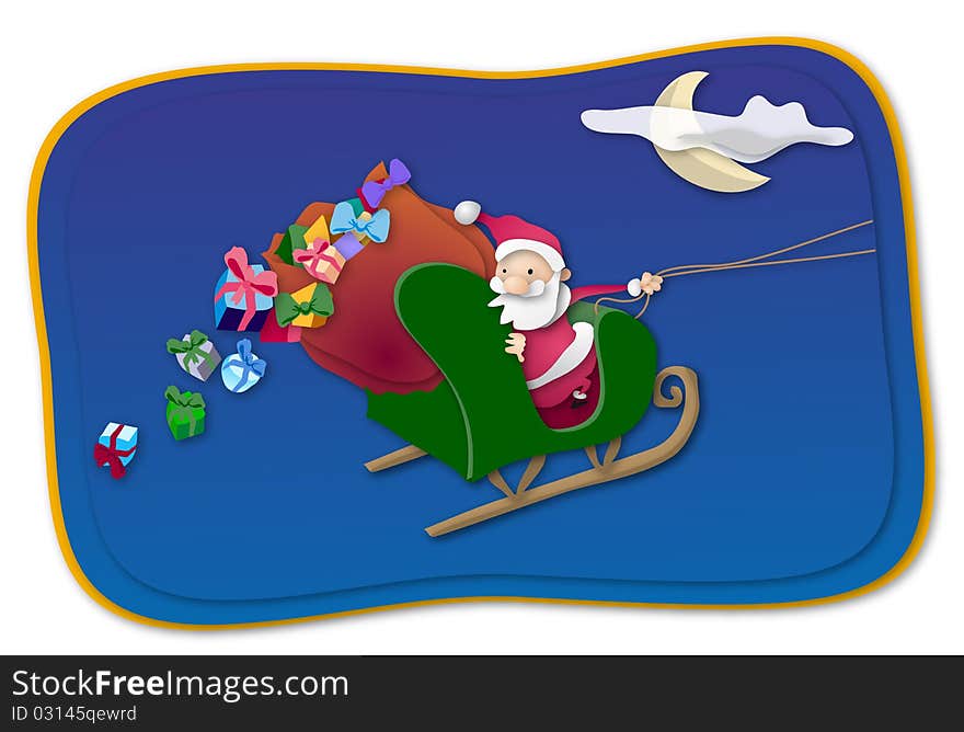 Santa Claus in his sleigh losing Gifts