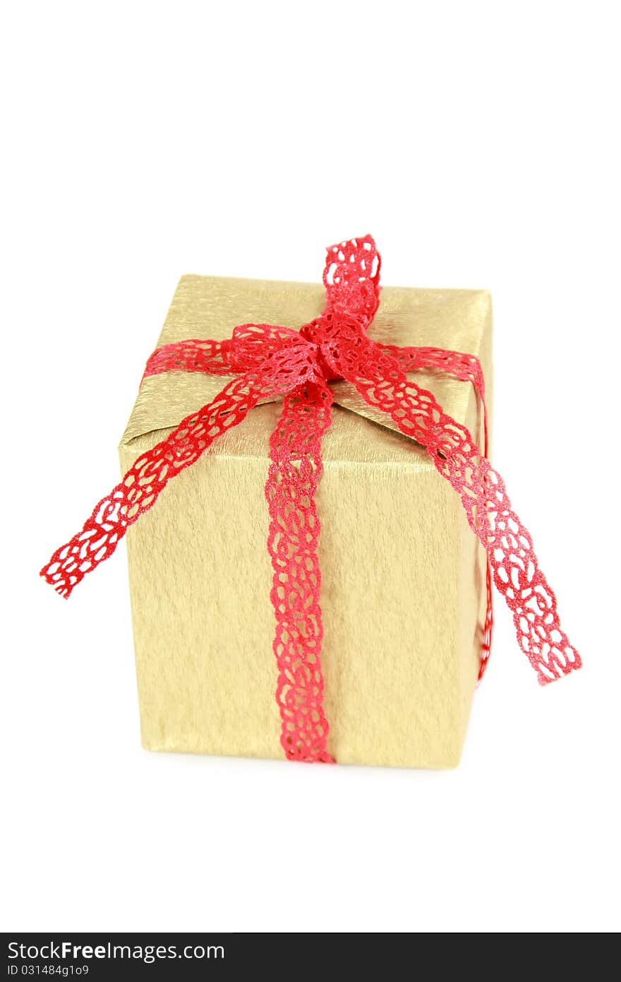 Gold christmas gift box isolated on white background