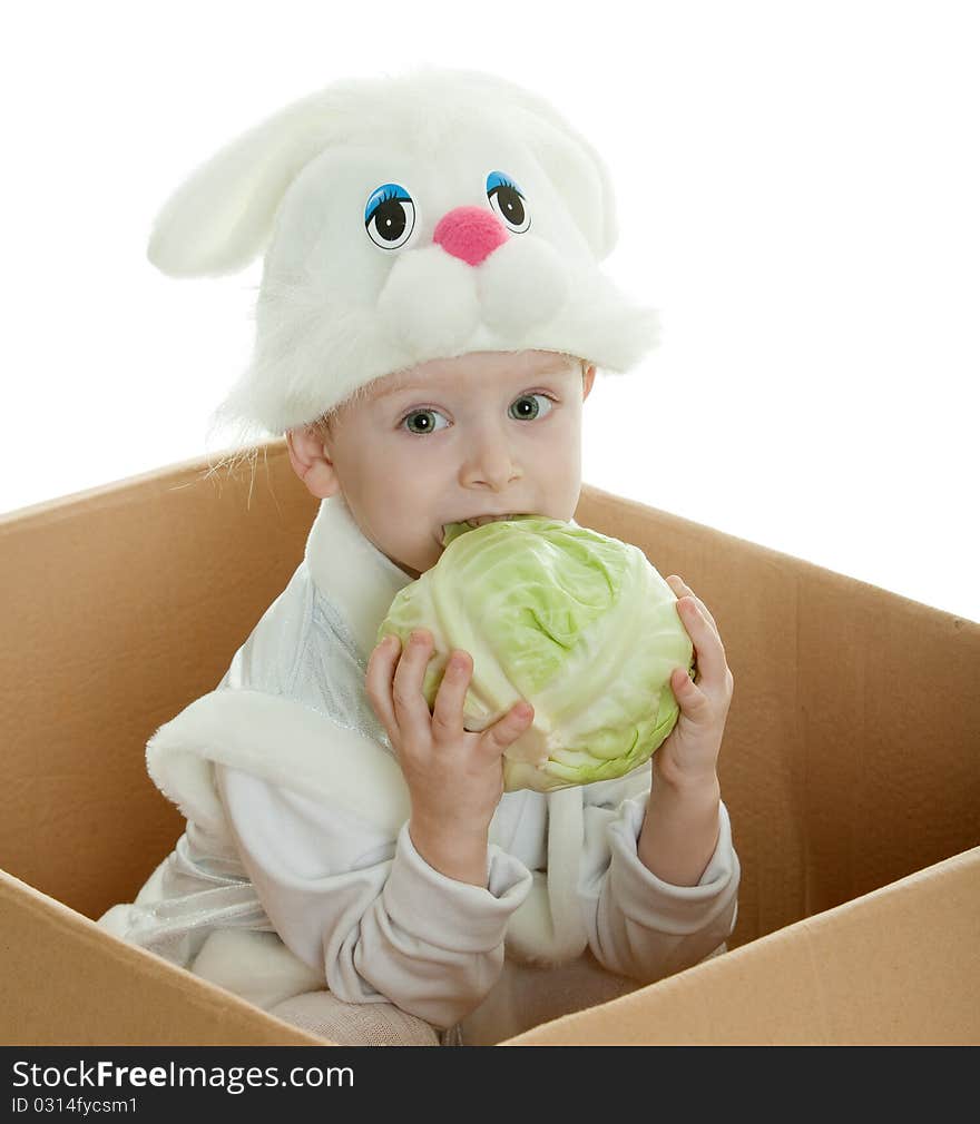 The boy in a suit of a rabbit sits in a box and holds cabbage