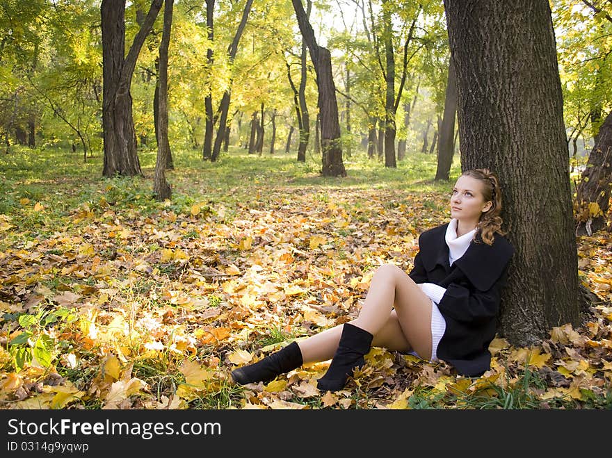 Teen Girl Sits Under The Tree In Autumn Park