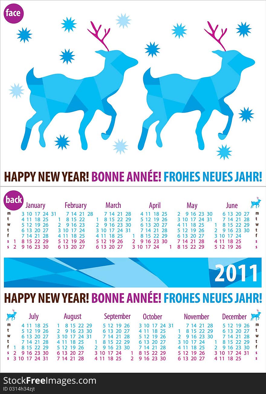 Colorful Calendar For Year 2011 With Deer