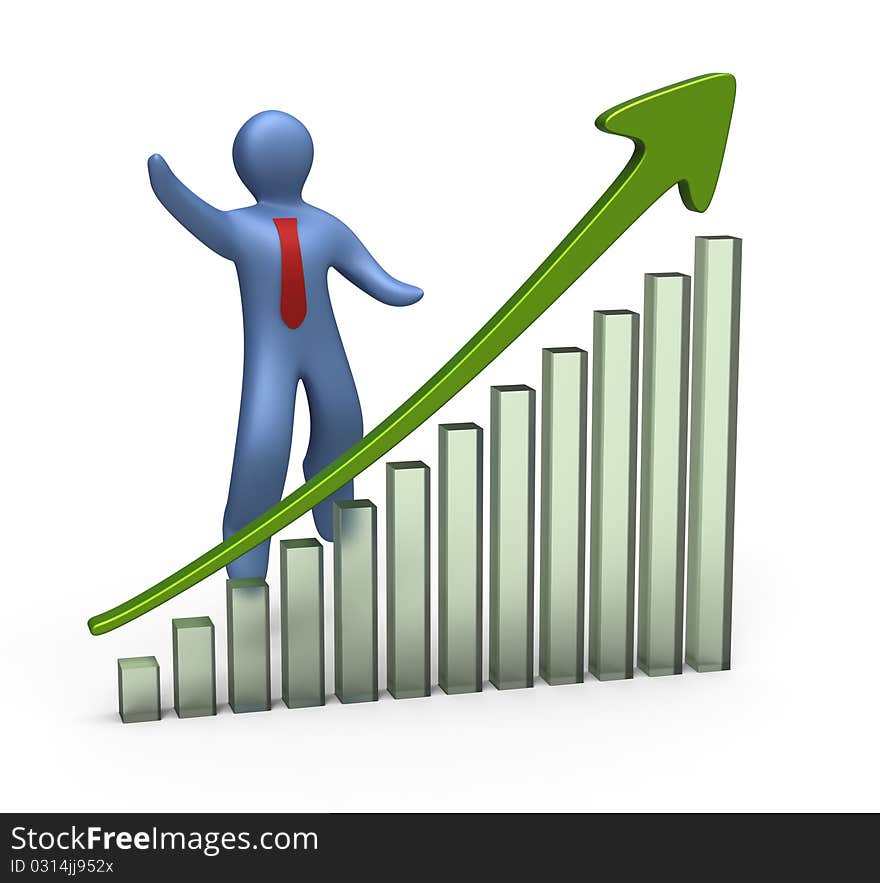 Little man has the joy of success. The successful green chart.