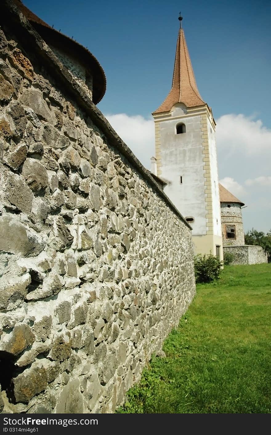 Fortified church with defense wall. Racos, Romania