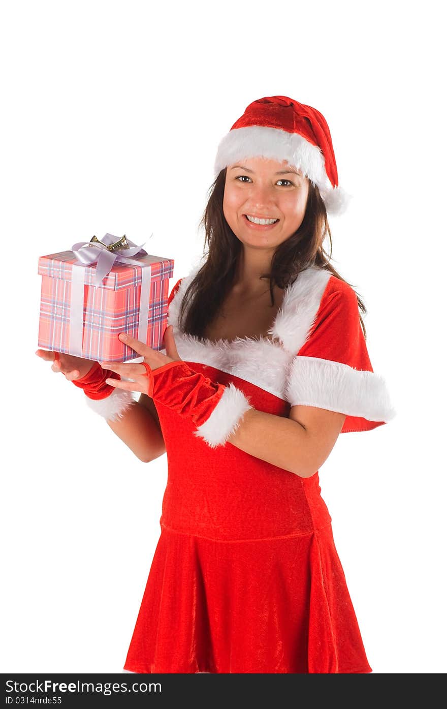 The woman in a suit santa, gives gifts