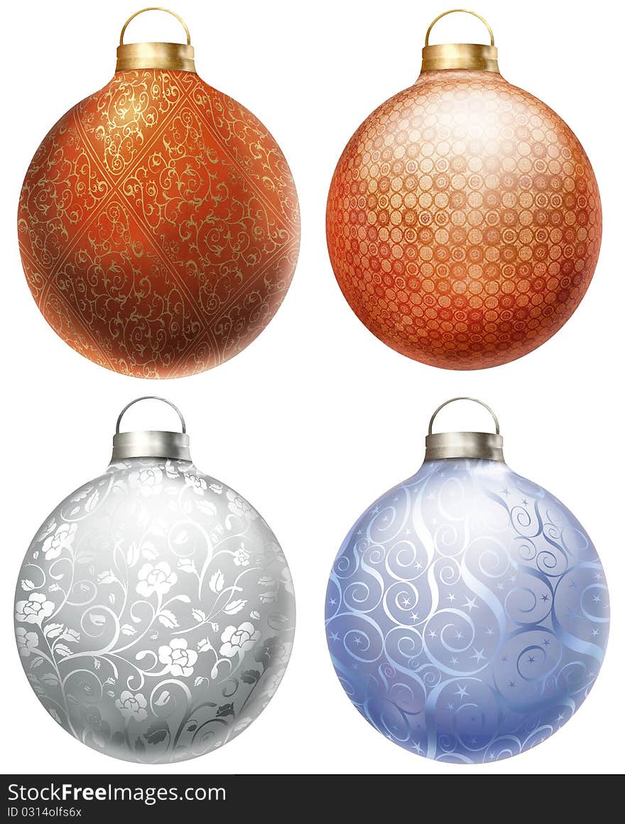 Photoshop illustration of 4 decorated christmas balls in white background. Photoshop illustration of 4 decorated christmas balls in white background.