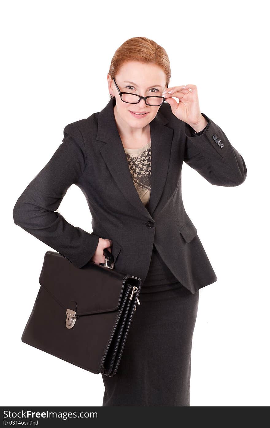 Red hair businesswoman in glasses on white