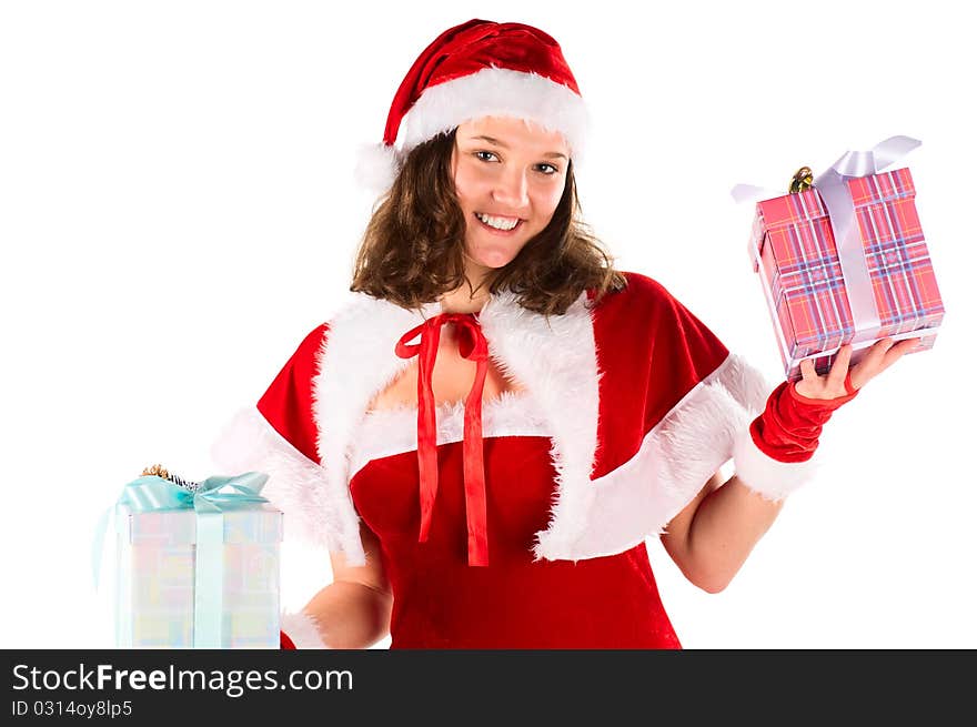 The woman in a suit santa, gives gifts