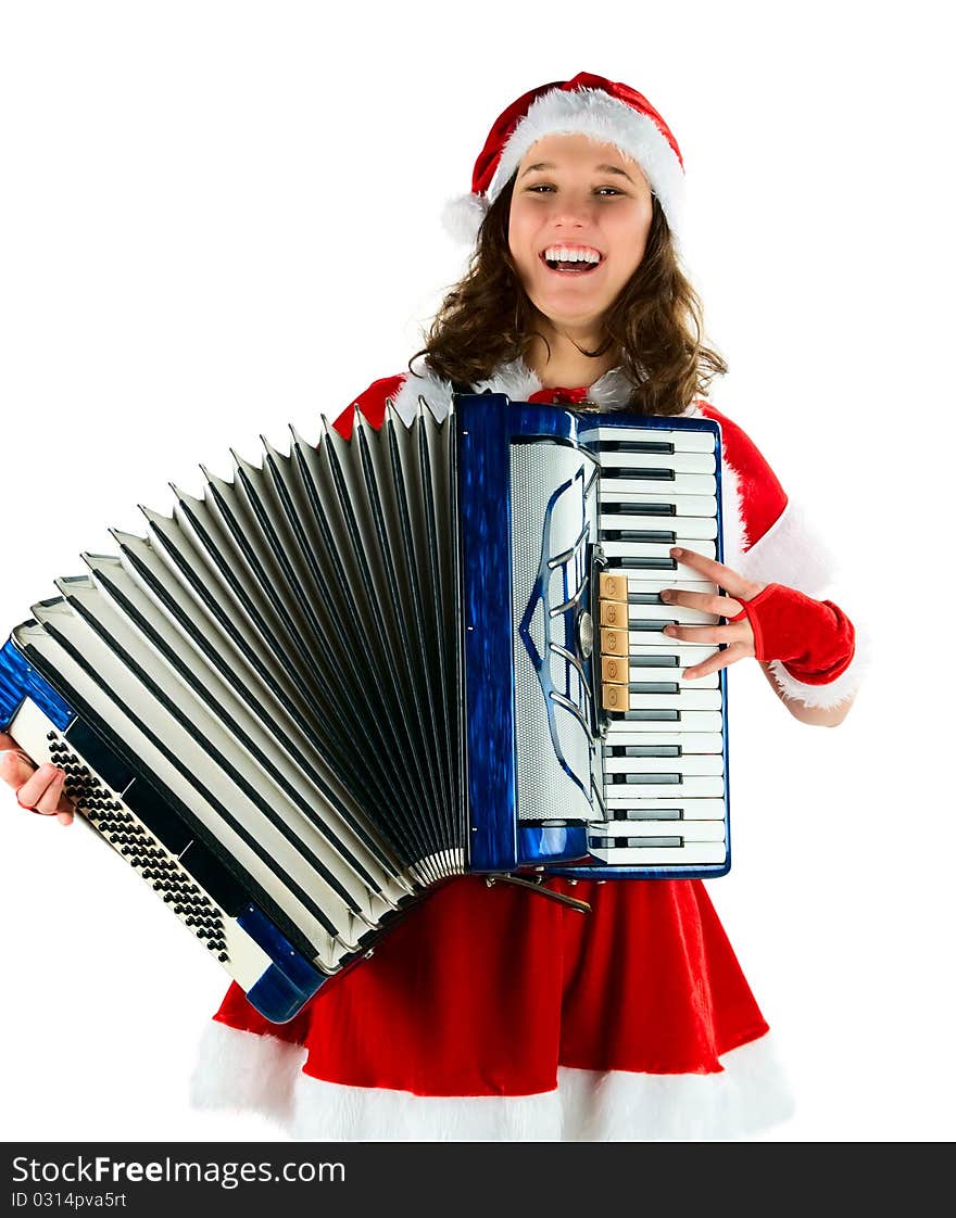 The woman in a suit santa, plays an accordion. The woman in a suit santa, smiling.