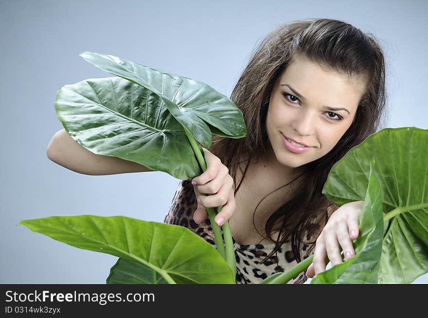 White girl posing in studio with green leaves. White girl posing in studio with green leaves