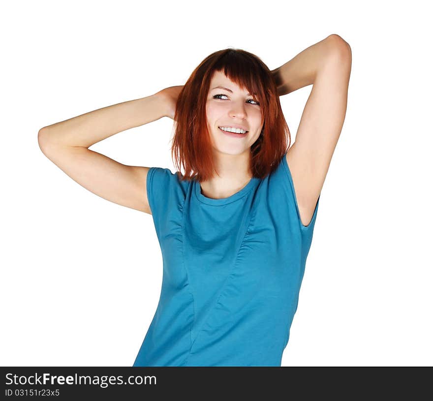 Young redhead woman smiling and looking left