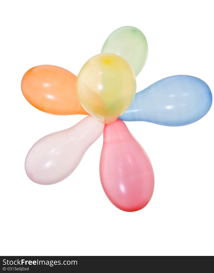 Colourful balloons arranged in flower isolated on white background