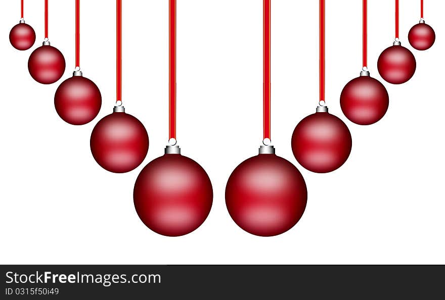 Red christmas spheres hanging on white background. Red christmas spheres hanging on white background