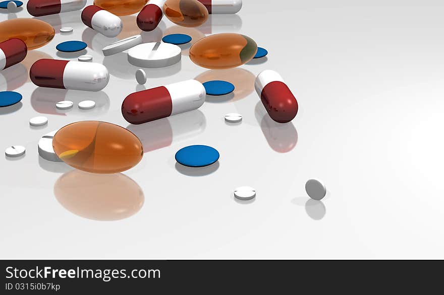 illustration of capsules and pills in different ways and colors with white bottom   . illustration of capsules and pills in different ways and colors with white bottom