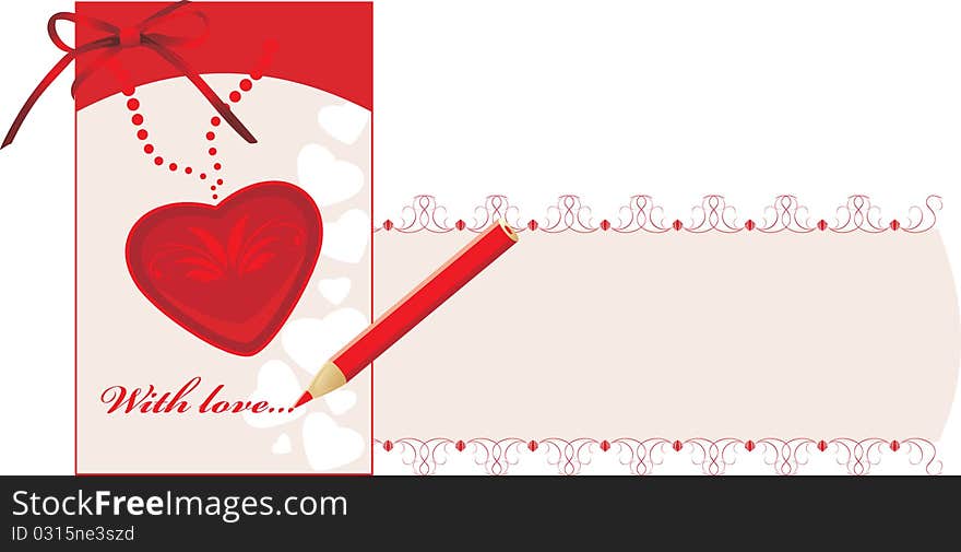 Valentines card with pencil. Decorative banner. Illustration