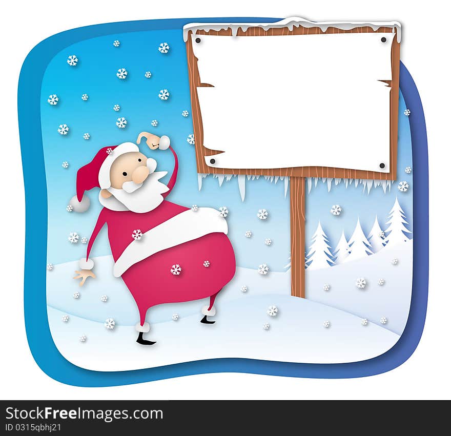 Santa Claus in front of a poster. Santa Claus in front of a poster