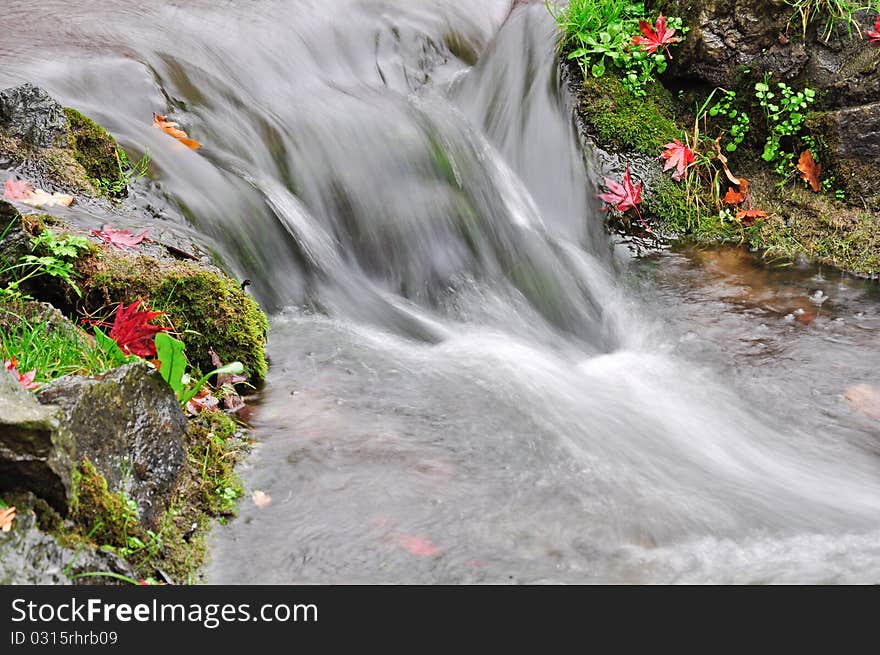 Waterfall with autumnal red leaves of maple tree