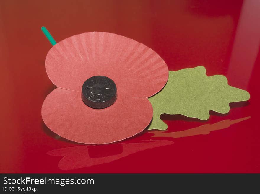 A close up of a poppy made for remembrance day