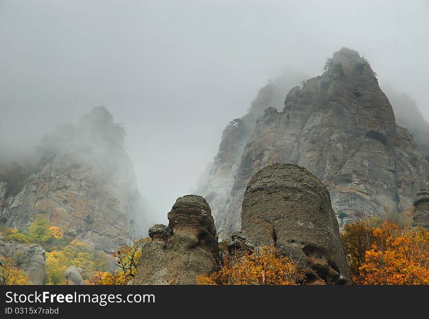 View of misty fog mountains in autumn, Crimea, Ukraine. View of misty fog mountains in autumn, Crimea, Ukraine