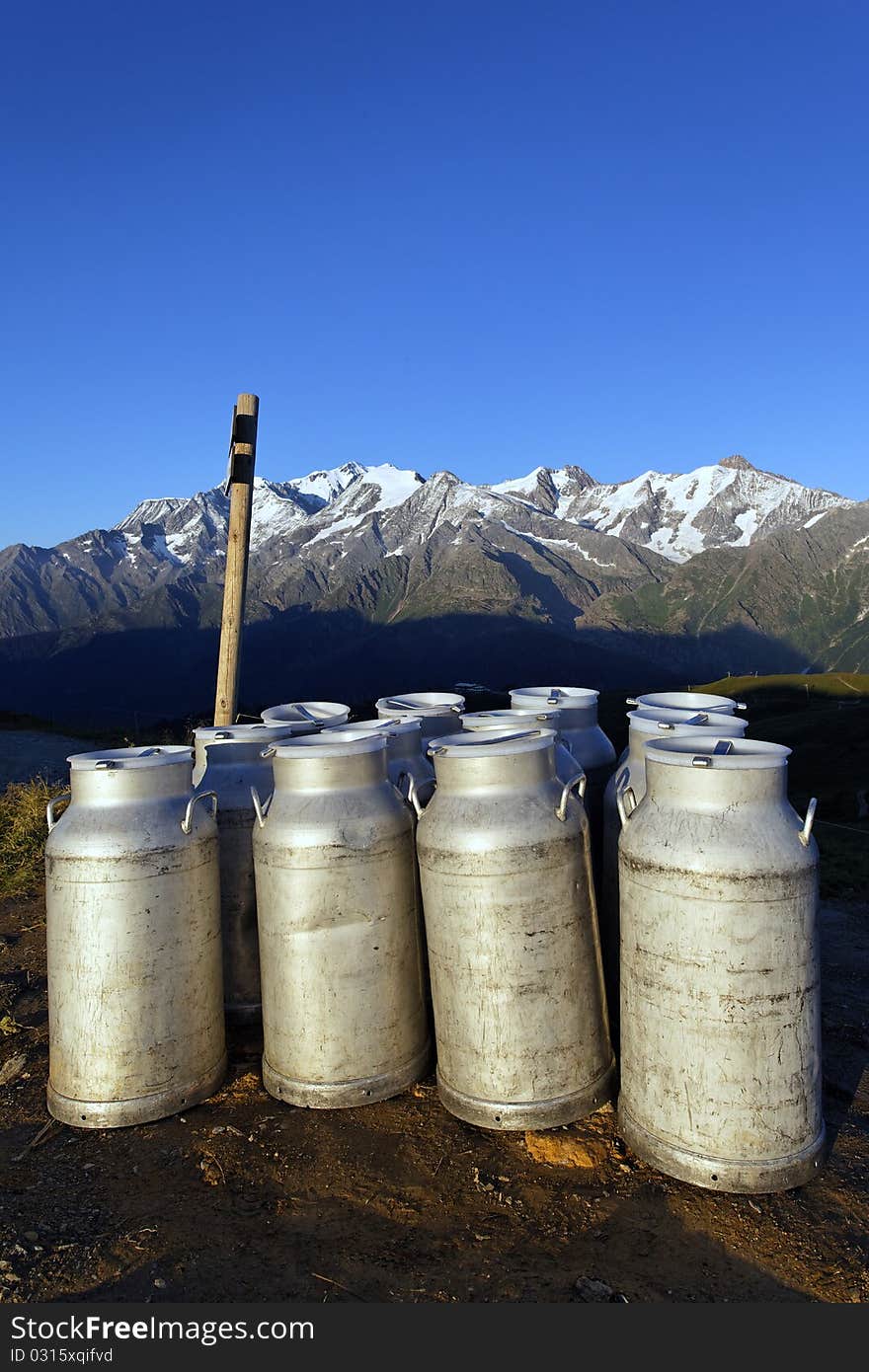 Container of milk in french mountain. Container of milk in french mountain