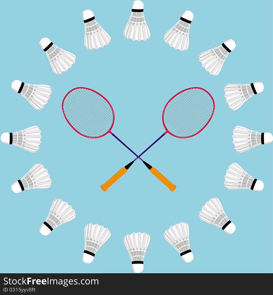 This image represents a badminton background concept with a badminton racket and shuttlecocks. This image represents a badminton background concept with a badminton racket and shuttlecocks