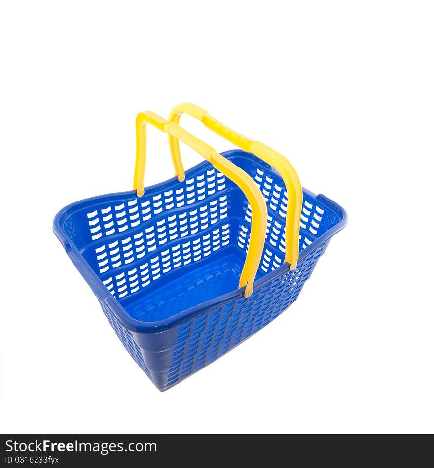 Empty, blue shopping basket isolated on white.