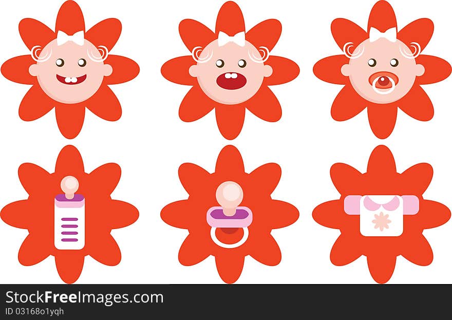 Flower Girls Icons Vector Set dress food faces