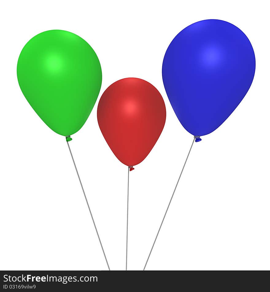 Three helium balloons in RGB colors, a 3d image. Three helium balloons in RGB colors, a 3d image