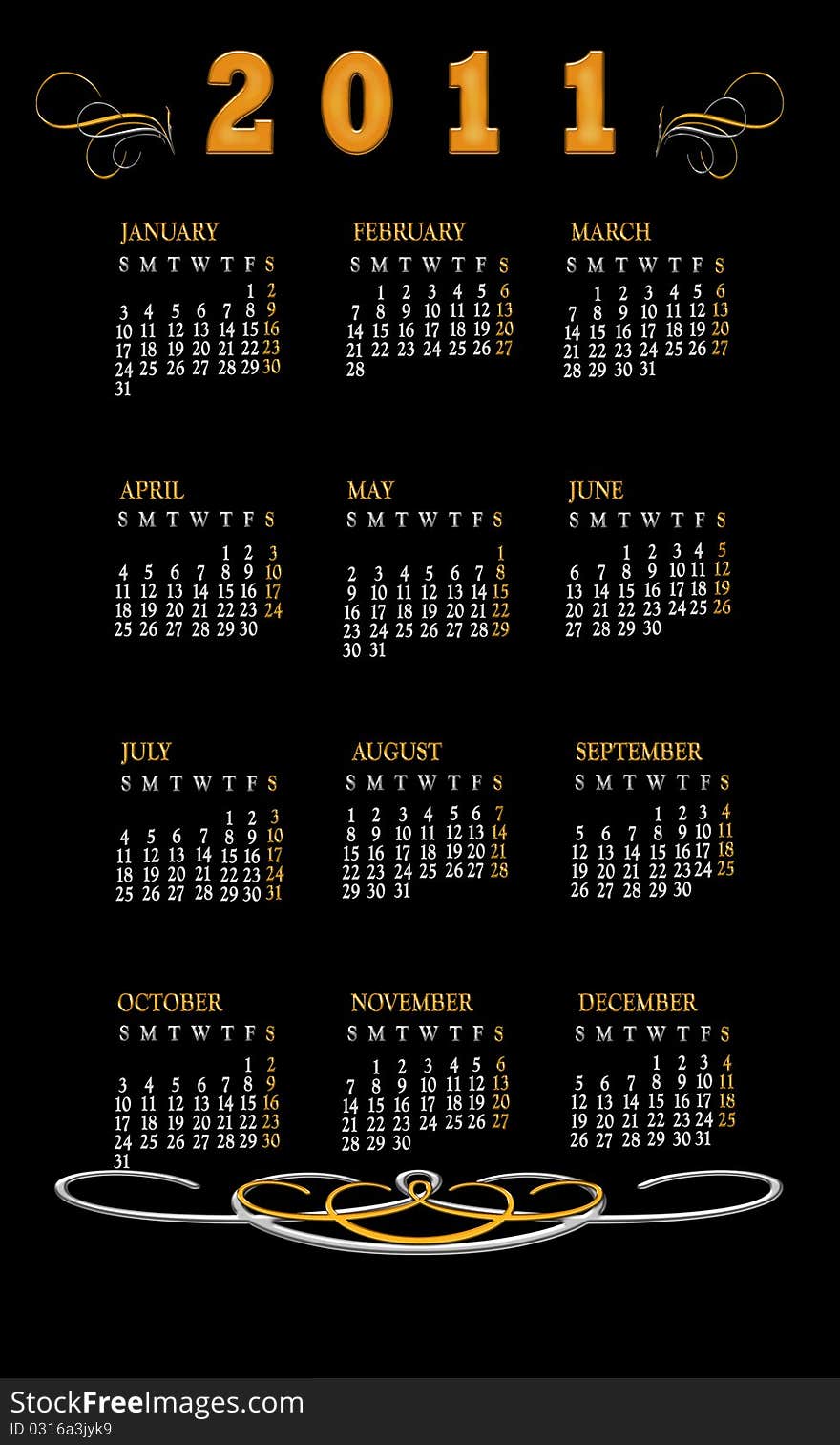 Black with gold 2011 calendar. Black with gold 2011 calendar